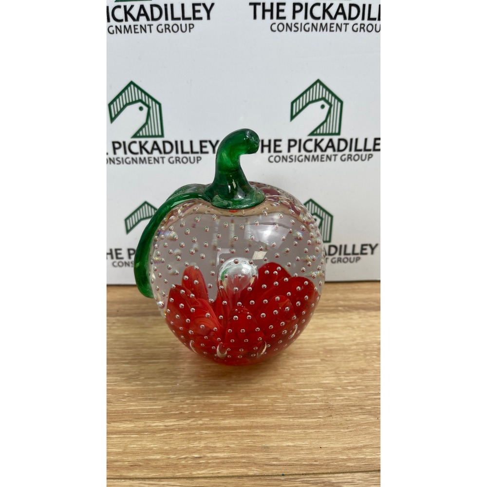 Joe St Clair Art Glass Apple Paperweight Red Flower Controlled Bubble Green Stem